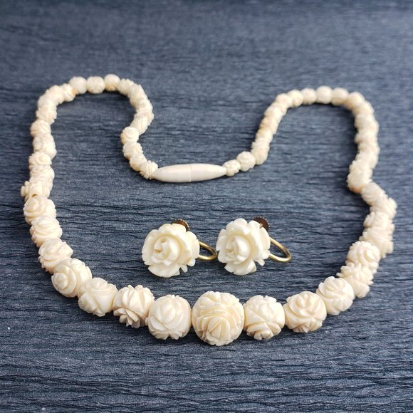 Antique Carved Bone Rosebud Graduated Bead Necklace & Earrings NOT IVORY - Picture 1 of 5